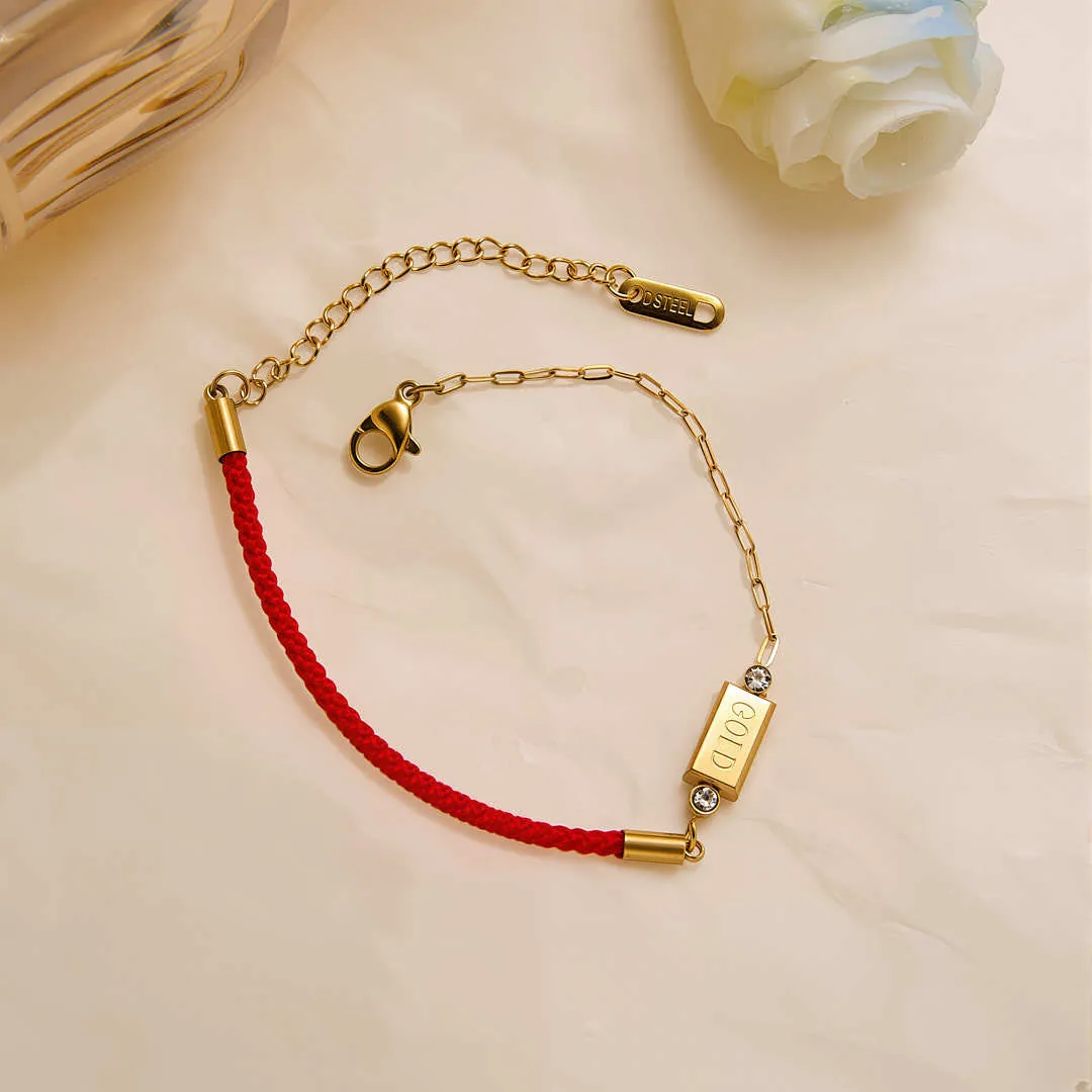 Stainless Steel Gold Bar Red Rope Bracelet For Women Cubic Zirconia Asymmetrical Design Hand Jewelry Lucky Charm Gift
