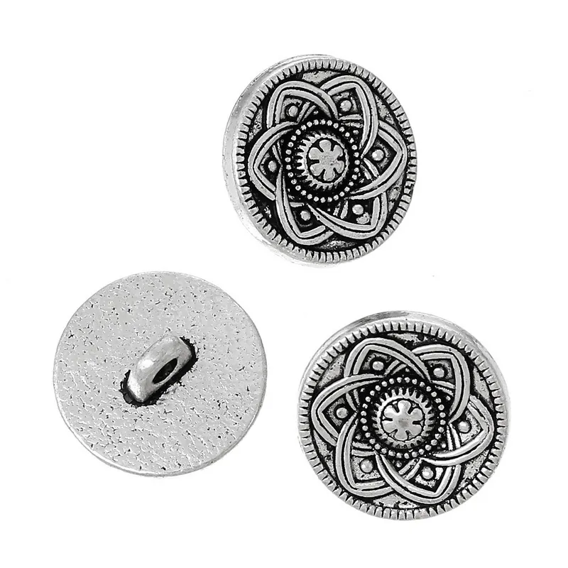 Vintage Round Antique Silver Zinc Alloy Shank Buttons Carved Floral Pattern Metal Buttons For Trench Coat Sewing DIY Craft