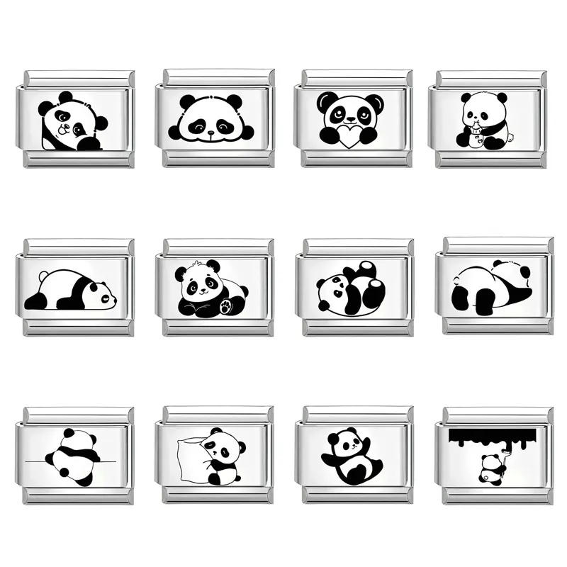 Maillon de Charme Italien en Acier Inoxydable Motif Panda Dessin Animé Accessoire de Bracelet Pour Bijoux Modulaires DIY Femmes