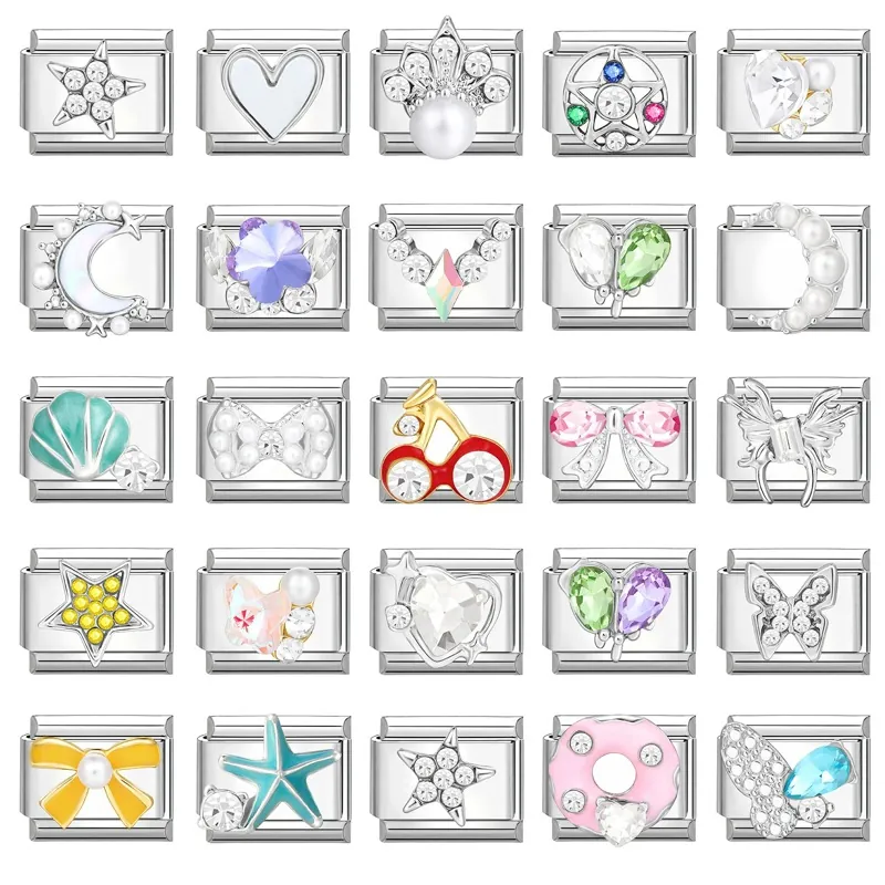 304 Stainless Steel Italian Charm Links For DIY Bracelet Making Enamel Rhinestone Heart Star Moon Crown Jewelry Charms For Women