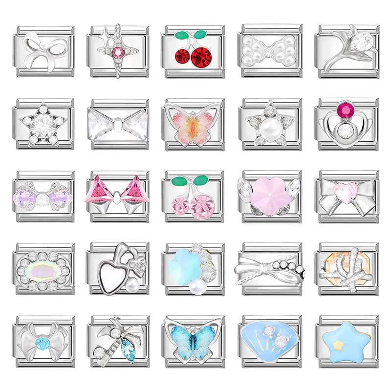 Maillons De Bracelet À Breloques Italiennes En Acier Inoxydable 304 Fleur Cœur Étoile Papillon Nœud Strass Émail Bijoux DIY Femmes