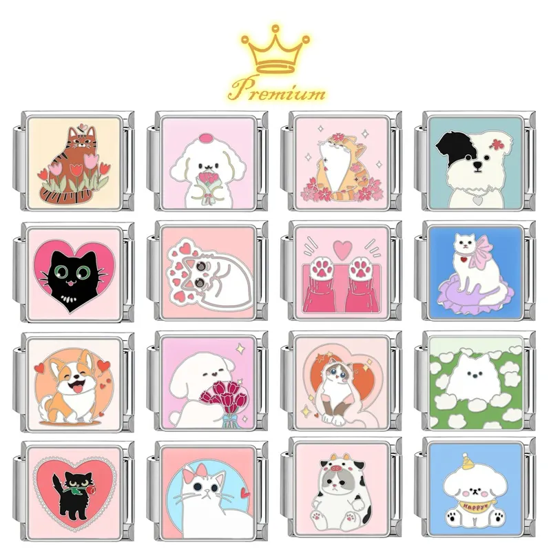 Ciondolo Modulare Italian Charm in Acciaio Inossidabile Gatto Cane Smalto per Creazione Gioielli Fai da Te Bracciale Componibile Regalo Donna