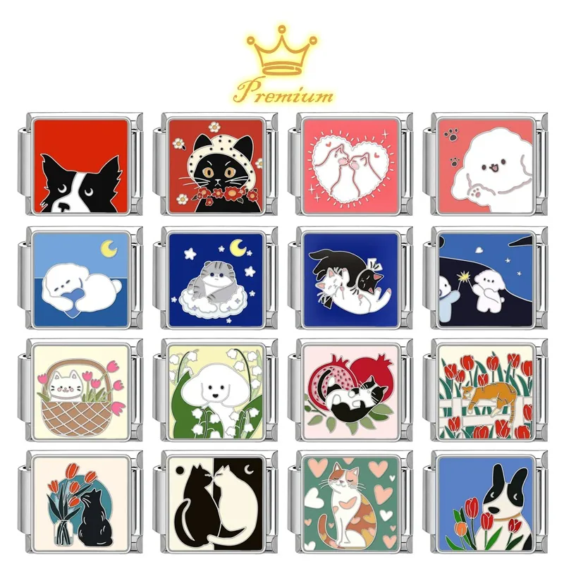 Italian Charm Bracelet Link Stainless Steel Cute Pet Cat Dog Enamel DIY Jewelry Accessory For Modular Bracelet