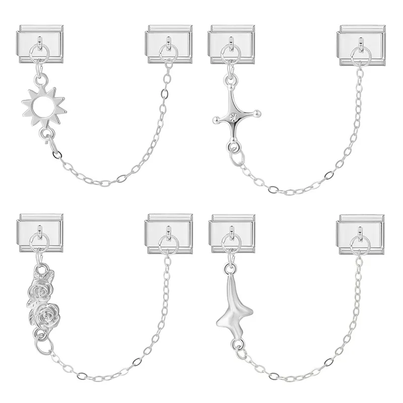 Edelstahl Italienische Charm Modular Glieder Silber Doppelt Hängend Sonne Rose Kreuz Sicherheitskette DIY Schmuckzubehör