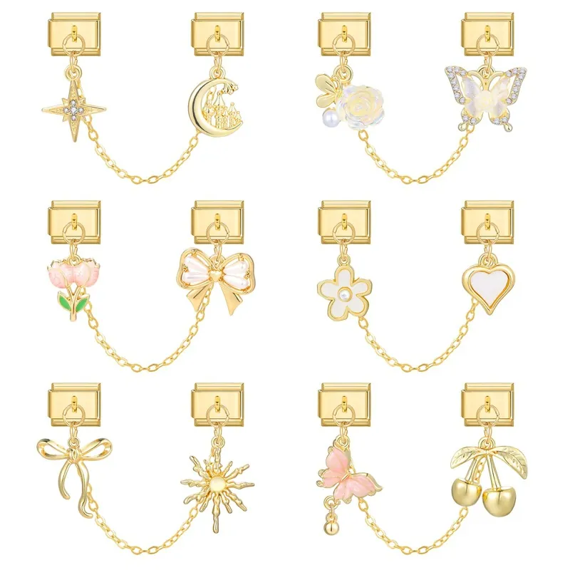 Acciaio Inossidabile Oro Italian Charm Bracciale Links Smalto Fiore Farfalla Stella Castello Ciondolo DIY Gioielli Charms