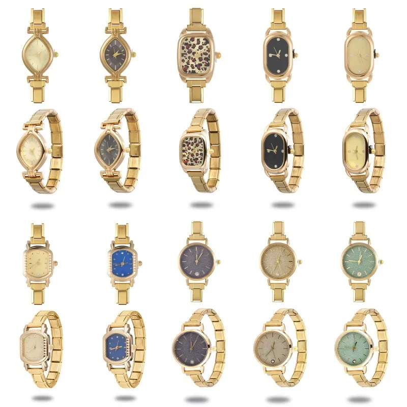 Women Vintage DIY Modular Stainless Steel Watch With Italian Charm Splicing Link Bracelet Strap Roman Numerals Rhinestone Dial Jewelry