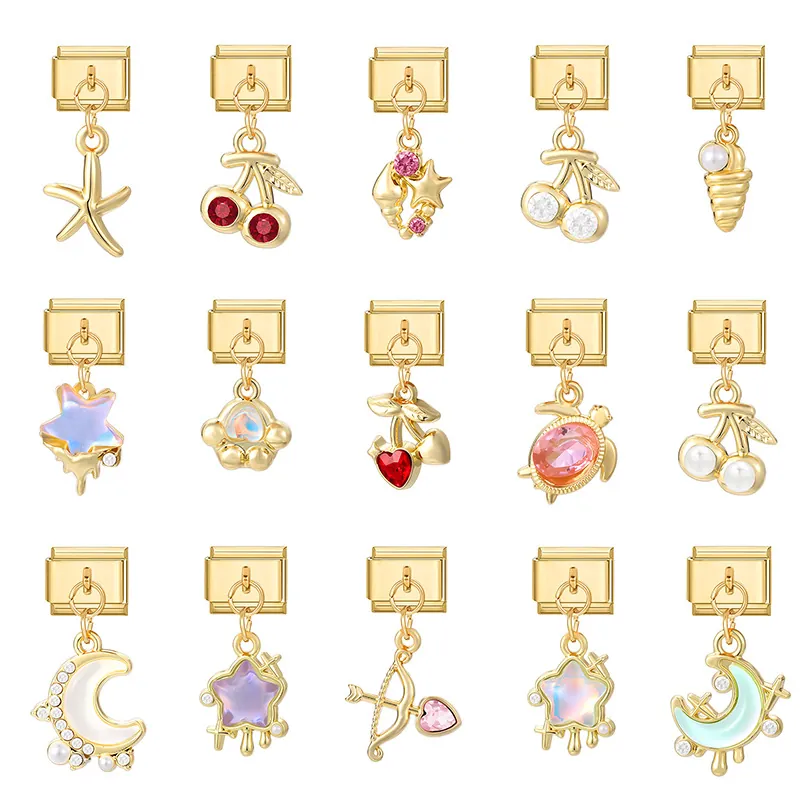 DIY Italian Charm Bracelet Link Stainless Steel Gold Plated Dangle Pendant Cherry Starfish Moon For Modular Bracelet Jewelry Making