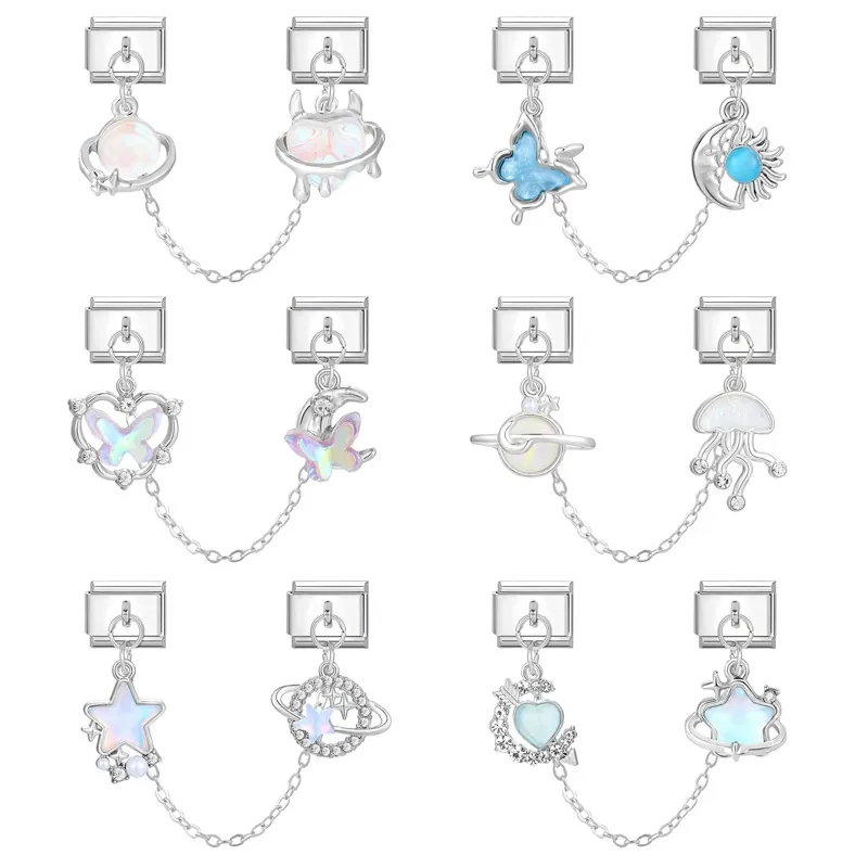 Italian Charm Bracelet Links Stainless Steel DIY Double Dangle Charms Planet Heart Butterfly Jellyfish Star Moon Jewelry Making