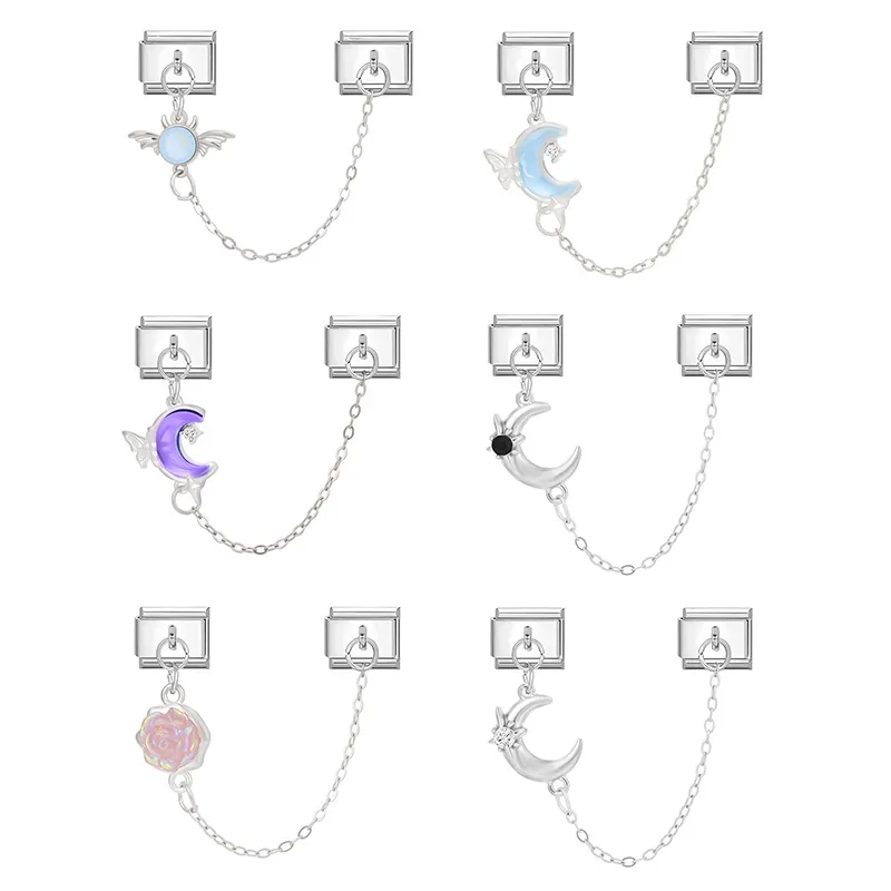 Edelstahl Italienische Charm Armband Links Mit Sicherheitskette Mond Stern Rose Schmetterling Modulare DIY Schmuckherstellung Zubehör Für Damen