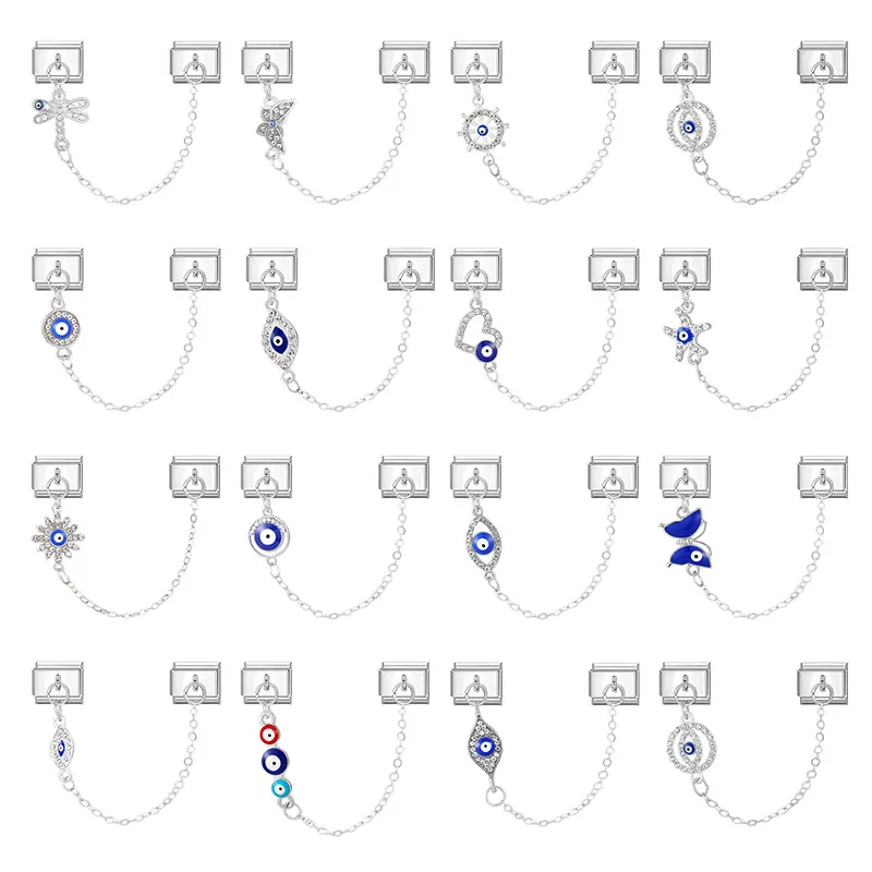 Stainless Steel Evil Eye Italian Charm Bracelet Link Pendant For DIY Jewelry Making Vintage Butterfly Heart Star Blue Enamel Zirconia Dangle Accessory Women