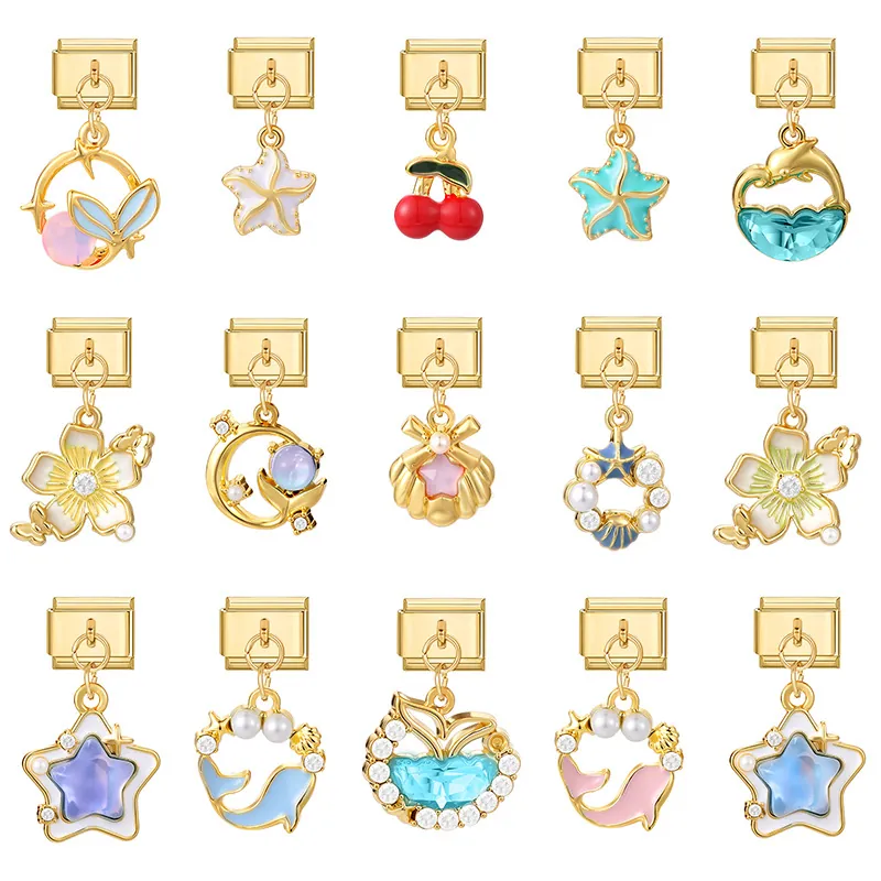 DIY Italiaanse Charms Modulaire Hangers Roestvrij Staal Verguld Emaille Zeester Kers Visstaart Schelp Bloem Ster Voor Armband Ketting Sieraden Maken