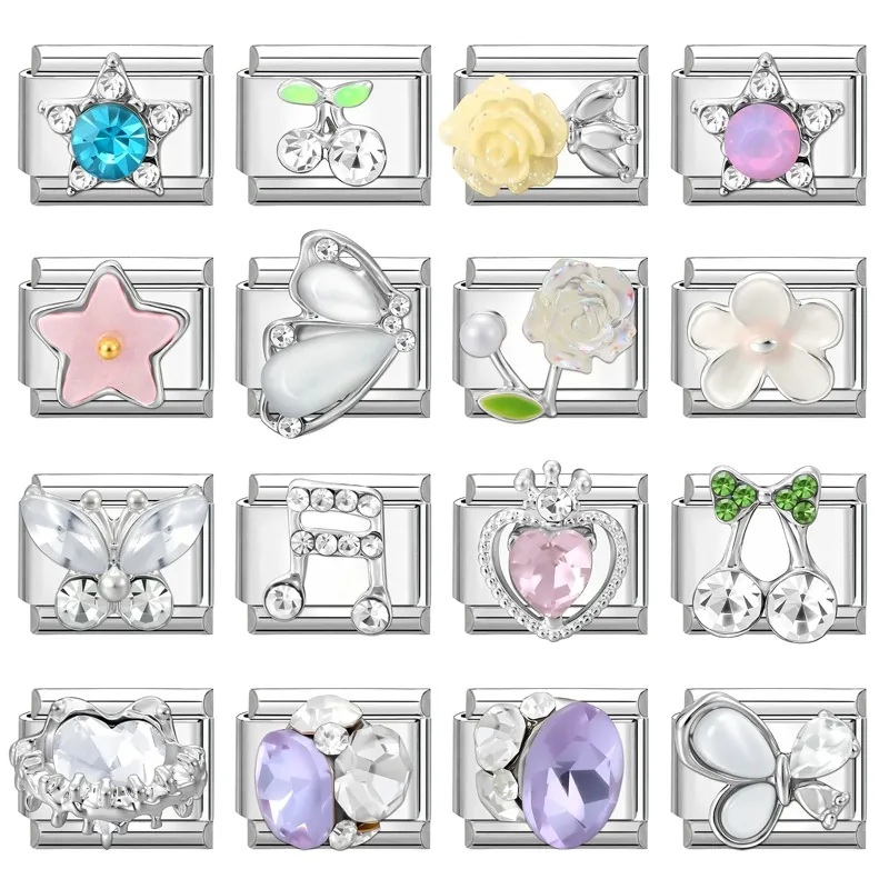 Edelstahl Italienische Charm Armband Glieder DIY Modulare Schmuckkomponenten Für Damen Stern Herz Schmetterling Floral Strass Emaille Charms