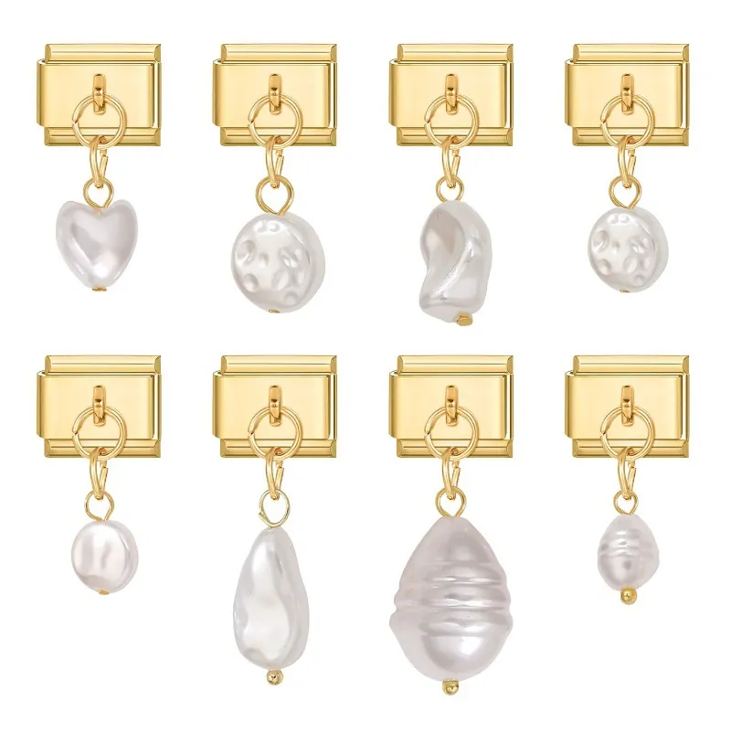 Italienischer Charm-Links Gold Edelstahl Armband Charms Herz Wassertropfen Barockperle Anhänger DIY Modulares Schmuckzubehör