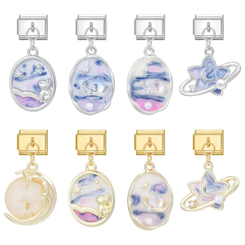 Stainless Steel Italian Charm Bracelet Link Starry Sky Enamel Cat Moon Planet Dangle For DIY Jewelry Making Women Gift