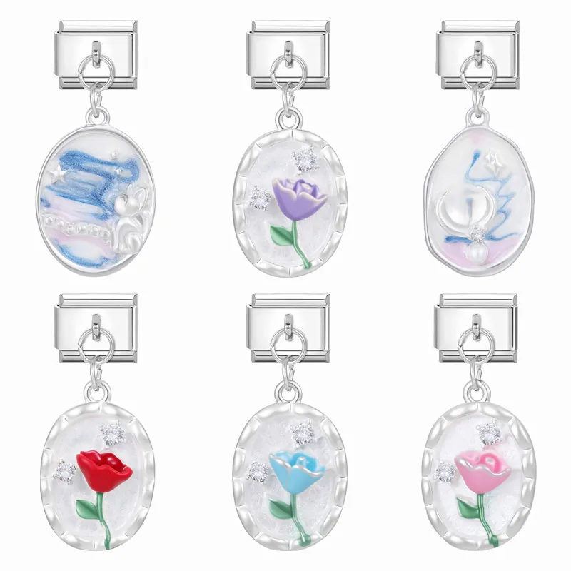Italian Charm Bracelet Pendant Oval Stainless Steel Enamel DIY Modular Charms For Bracelet Flower Rabbit Starry Sky Jewelry Accessories