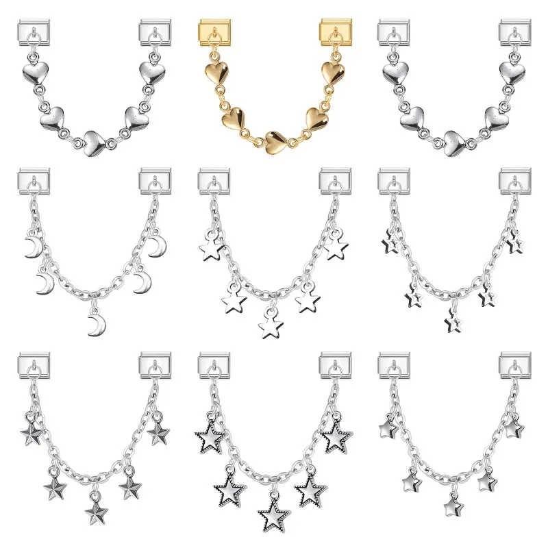 Stainless Steel DIY Italian Charm Bracelet Links With Heart Moon Star Dangle Charms Modular Jewelry Making Accessories
