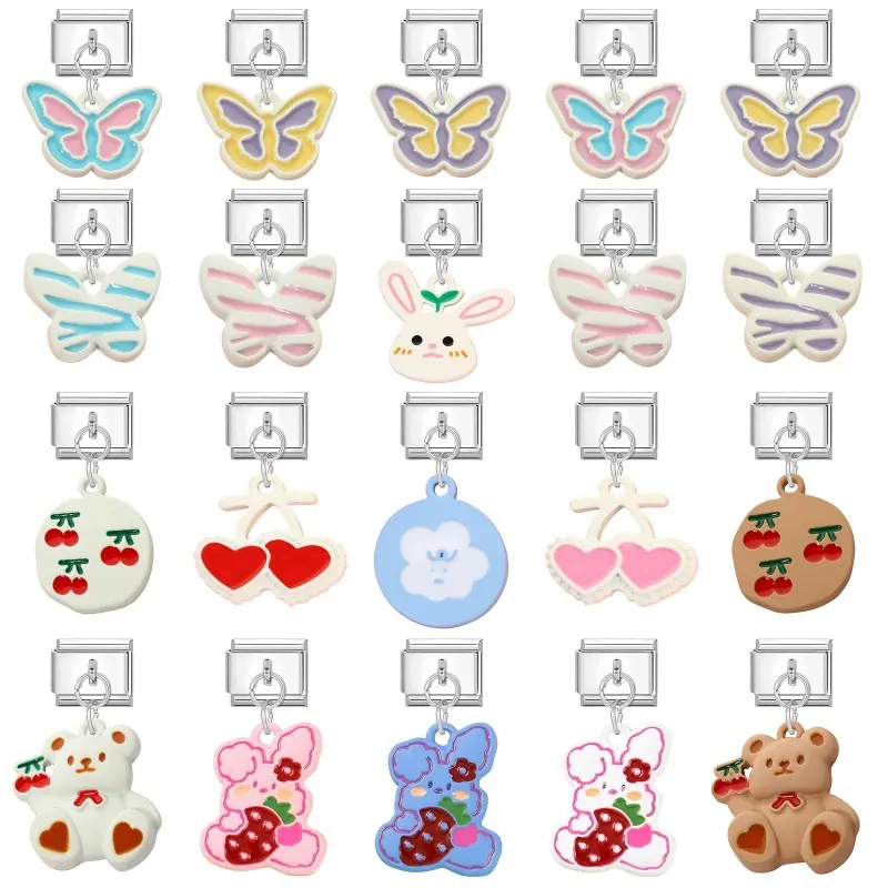 Cartoon Italian Charm Bracelet Links Stainless Steel Dangle Charms For DIY Jewelry Making Butterfly Rabbit Bear Cherry Enamel Links