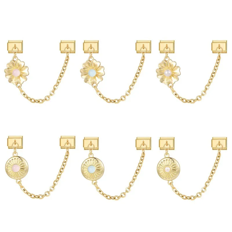 Vergoldeter Edelstahl Italienisches Charm Armband Sicherheitskette Modular Blume Gänseblümchen Sonnenstrahl Muster Mit Perlen DIY Schmuckzubehör