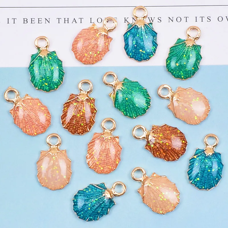 Koreanischer Stil Muschel Charms Legierung Emaille Anhänger Mit Goldener Glitzer Pailletten Für DIY Schmuckherstellung Ketten
