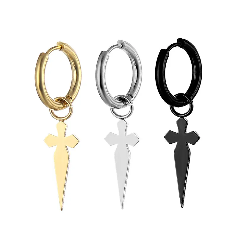 Gothic Punk 316L Stainless Steel Cross Pendant Hoop Earrings For Men Women Rock Sword Ear Buckle Jewelry Gold Silver Black