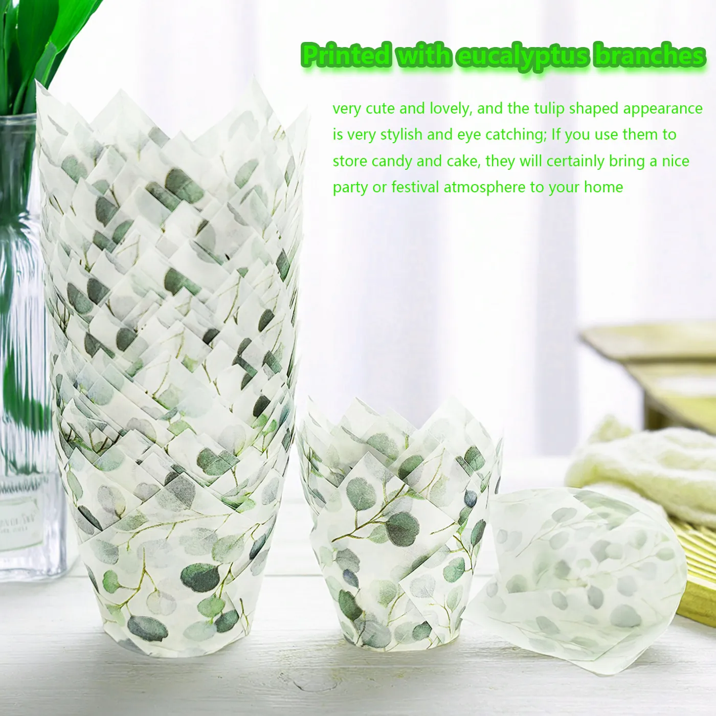 Caissettes à Muffins en Papier Sulfurisé Forme Tulipe Feuilles d'Eucalyptus Résistant Haute Température pour Pâtisserie Mariage Fête