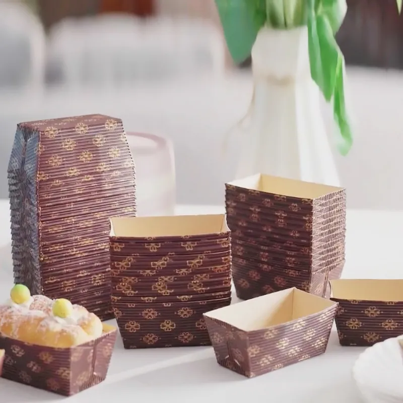 Rectangular Corrugated Kraft Paper Loaf Pan Greaseproof Baking Mold Brown With Gold Floral Print For Cake Bread Baking