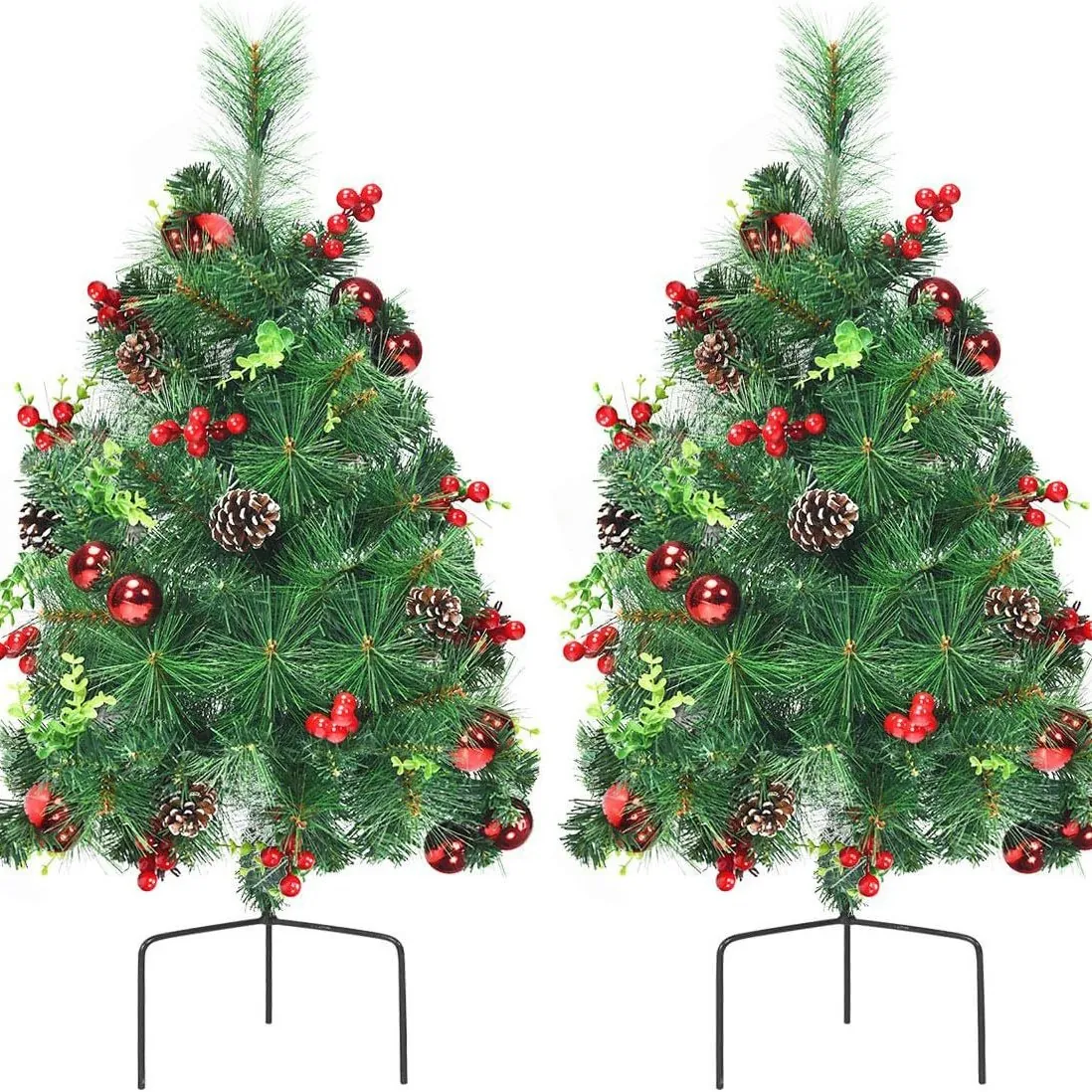 Artificial Christmas Tree With Pine Needles Red Berries Pine Cones LED Lights Outdoor Ground Plug Decor For Garden Yard Home