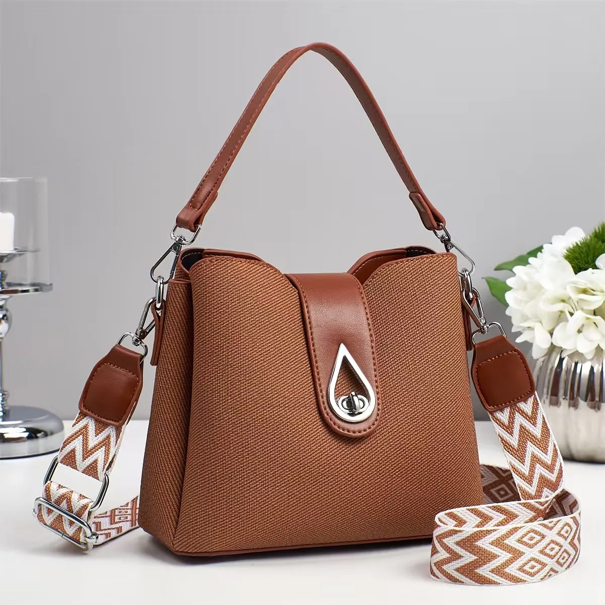 Women Fashion PU Leather Bucket Bag Geometric Webbing Strap Multi Layer Large Capacity Handbag Crossbody Shoulder Bag