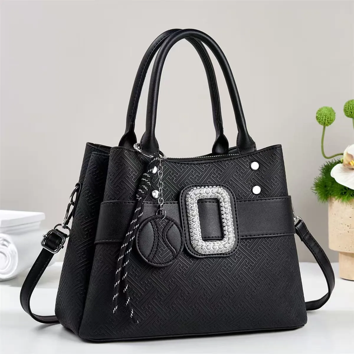 Women Handbag Tote Bag Rhinestone Buckle Geometric Embossed PU Leather Large Capacity Crossbody Shoulder Bag For Daily Work