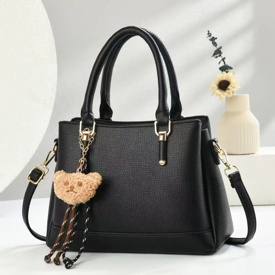 Vintage Fashion Boston Bag For Women PU Leather Litchi Texture Handbag Shoulder Crossbody Bag With Plush Bear Charm