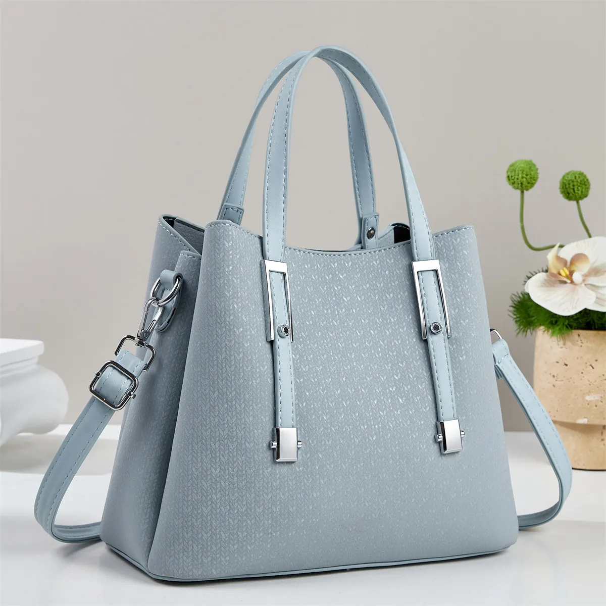 Women Fashion Textured PU Leather Tote Bag Large Capacity Handbag With Detachable Shoulder Strap Street Trend Shoulder Bag