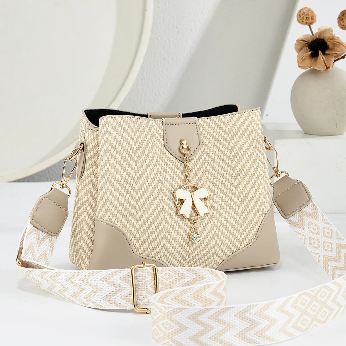 Fashion Women Woven Texture Bucket Bag PU Leather Wide Jacquard Strap Bow Rhinestone Pendant Crossbody Shoulder Bag Daily Commuter