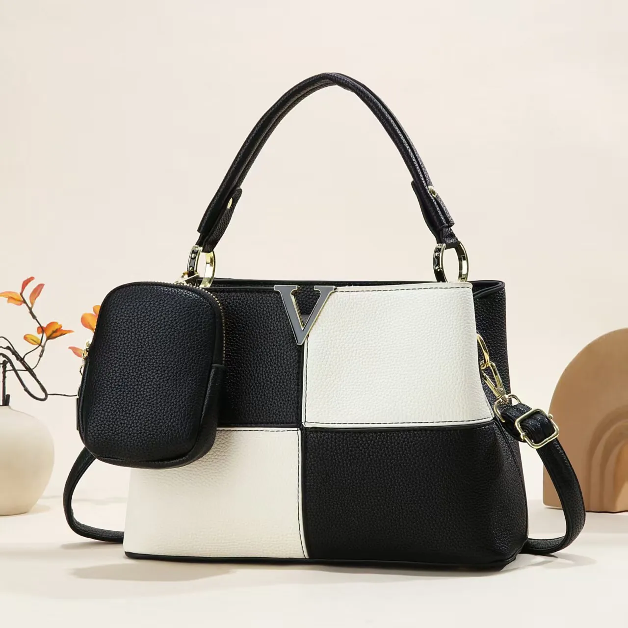 Fashion Women Colorblock Handbag Lychee Texture PU Leather Crossbody Bag With Mini Pouch Metal V Decor Top Handle Tote Bag