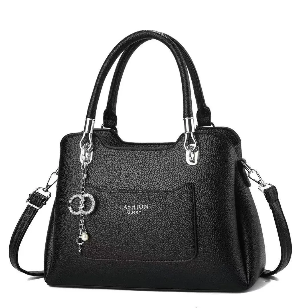 Fashion Queen Women Tote Bag Lychee Grain PU Leather Handbag With Rhinestone Artificial Pearl Pendant Adjustable Shoulder Strap