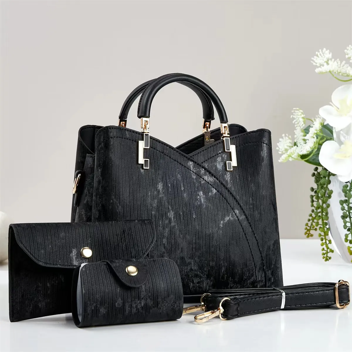 Sac à Main en Cuir PU Texturé pour Femmes avec Pochette et Porte-Monnaie Sac à Bandoulière Élégant pour le Travail Quotidien