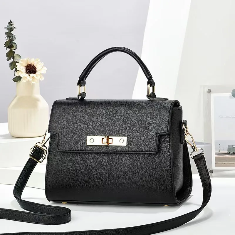 Women Litchi Texture PU Leather Top Handle Bag Golden Lock Square Handbag Adjustable Strap Crossbody Bag Casual Satchel