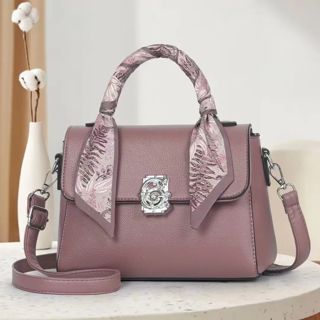Women Retro PU Leather Handbag With Scarf Decorated Handle And Metal G-Letter Lock Large Capacity Shoulder Crossbody Bag