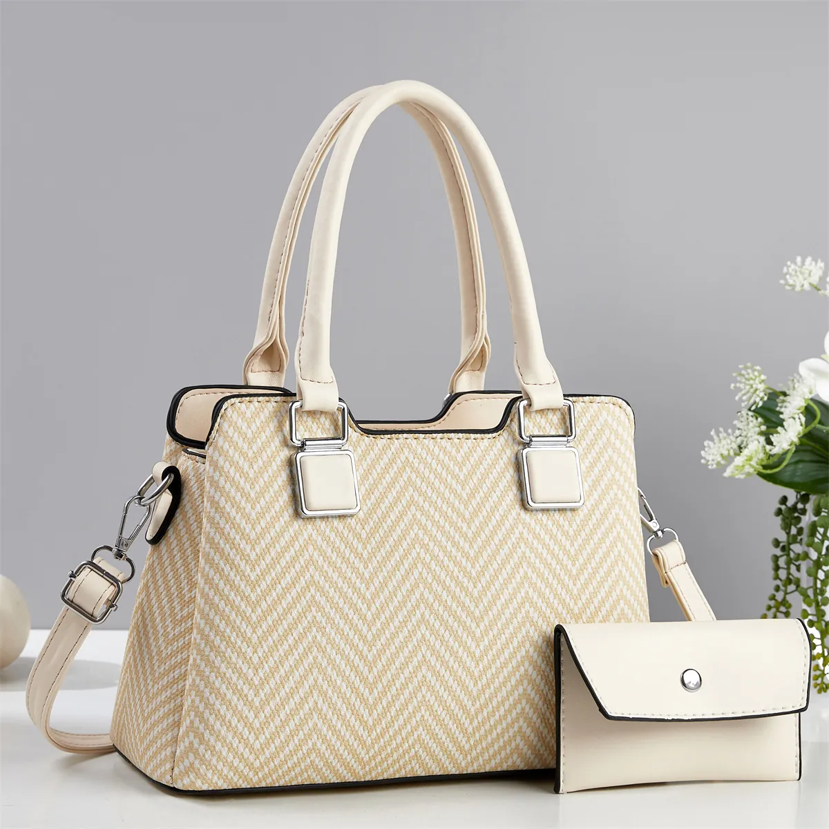 Sac à Main en Cuir PU et Tissu à Chevrons Avec Pochette pour Femme Élégant Sac Bandoulière pour Le Travail Quotidien