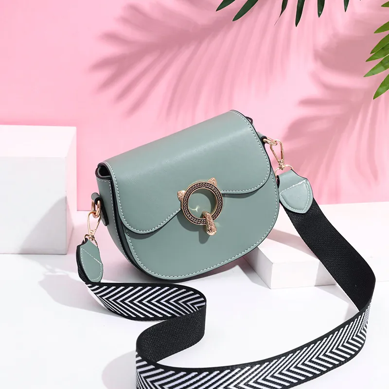 Women's PU Leather Saddle Crossbody Bag Cat Ear Metal Buckle Contrast Stitching Fashion Shoulder Bag Wide Woven Strap Casual Messenger Purse