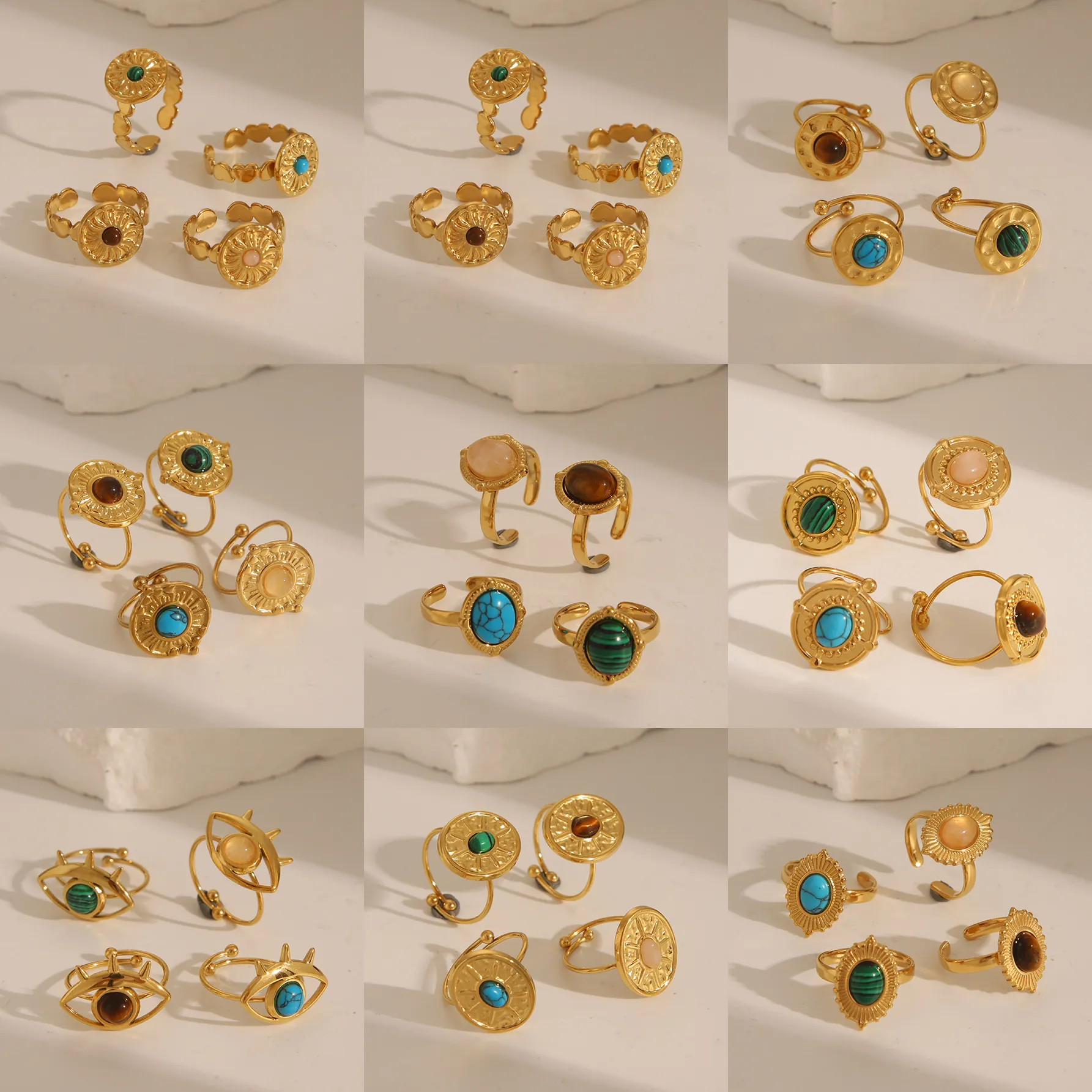 Vintage Stainless Steel 18K Gold Plated Adjustable Open Ring With Turquoise Rose Quartz Tiger Eye Stone Jewelry For Women