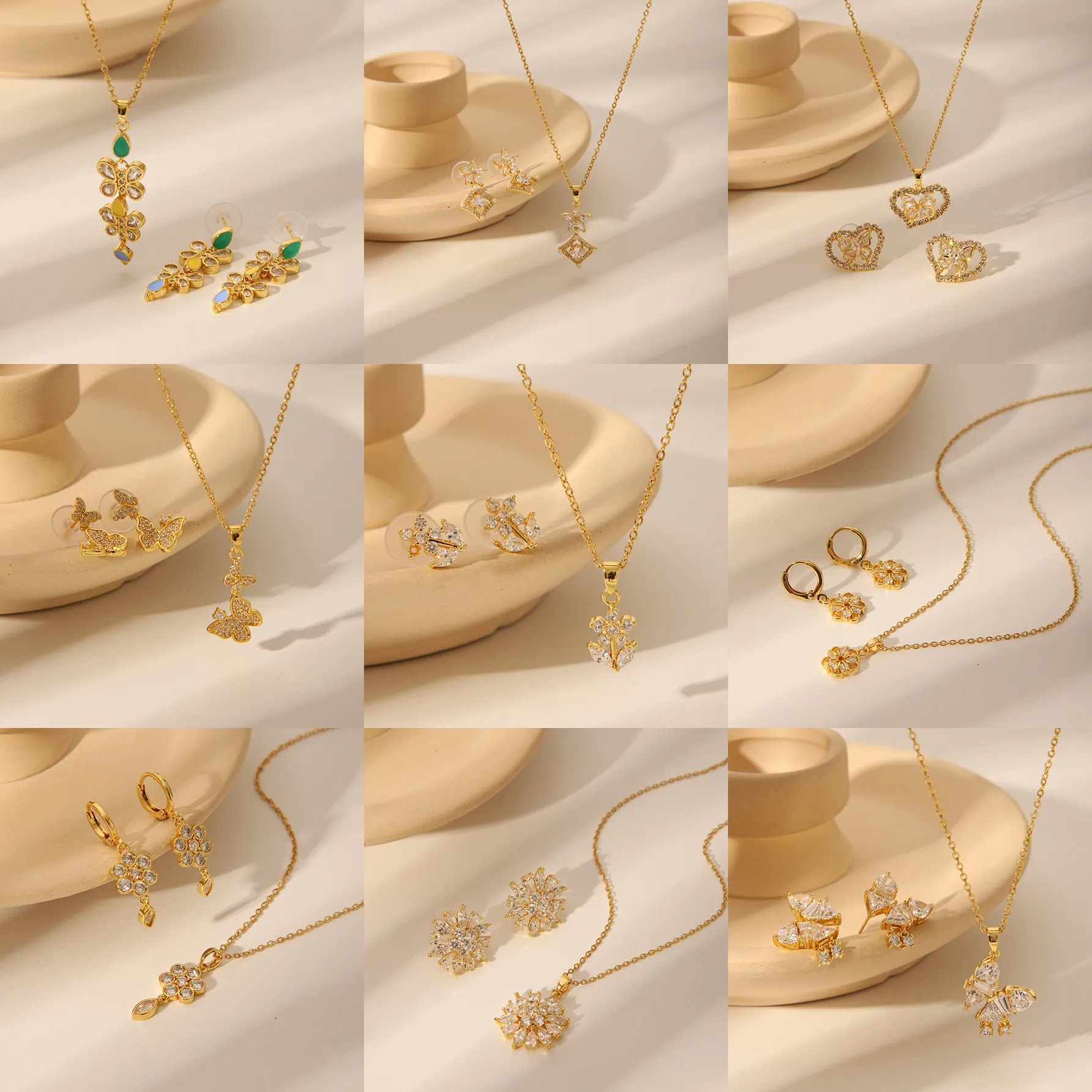 18K Vergulde Koperen Vlinder Bloem Hart Zirkonia Emaille Ketting Oorbellen Sieradencollectie Voor Vrouwen Jubileumcadeau