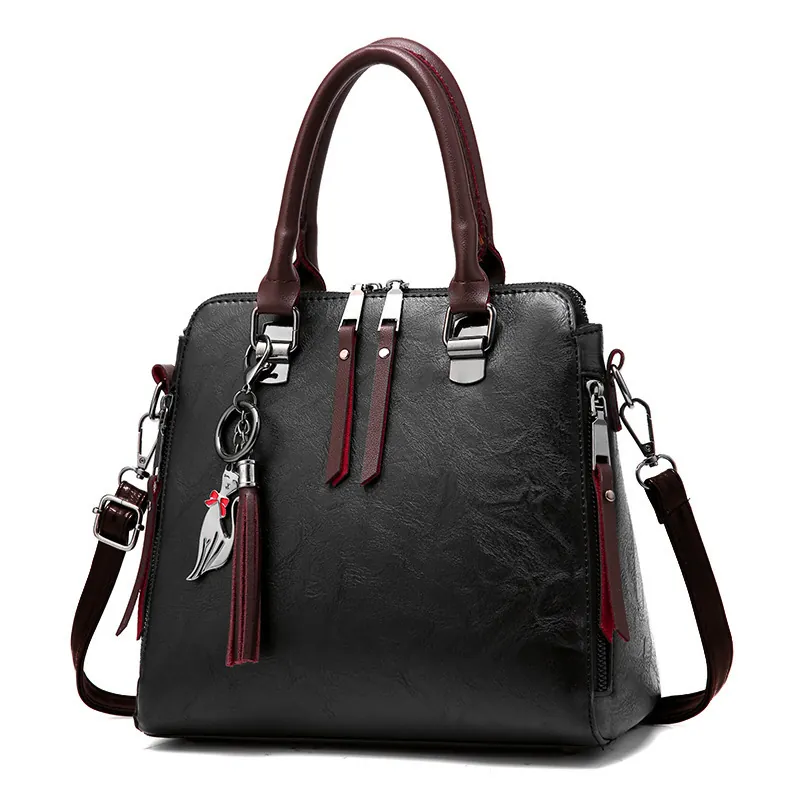 Retro PU Leather Shell Handbag For Women Fashion Shoulder Crossbody Bag With Tassel Cat Charm Business Commute Office Tote