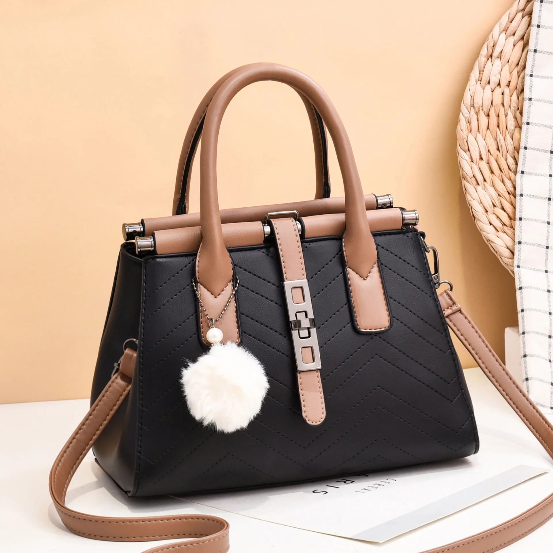 Women's Quilted PU Leather Handbag Elegant Shoulder Crossbody Bag With Plush Ball Pendant For Office Daily Commute Tote
