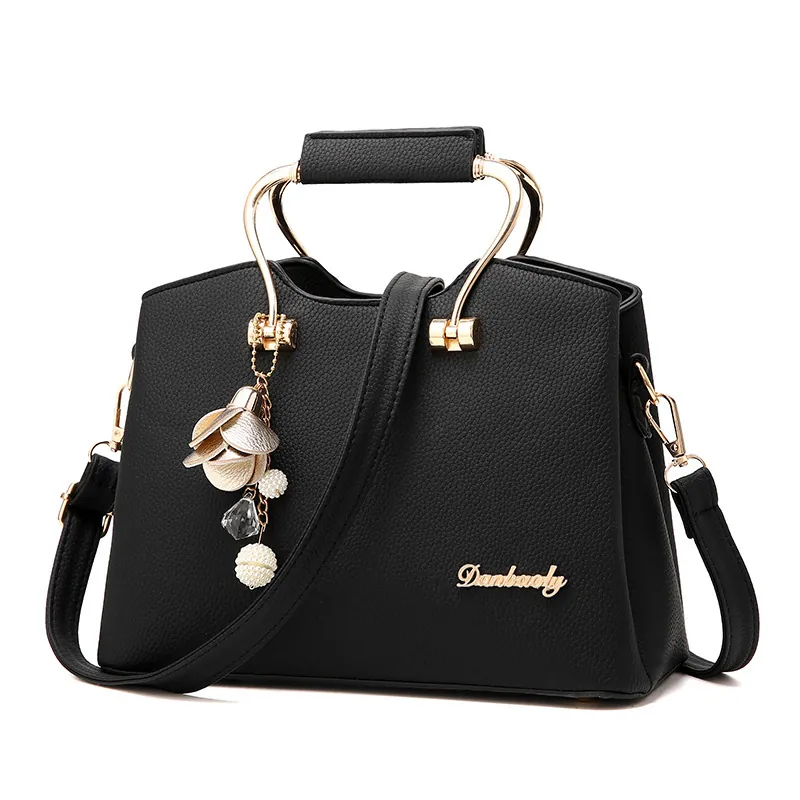 Women Fashion Litchi Pattern PU Leather Handbag With Metal Handle And Flower Pendant Large Capacity Shoulder Crossbody Bag
