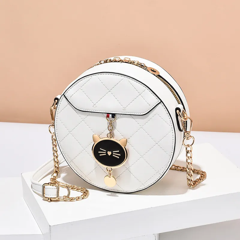 Borsa a Tracolla Trapuntata Rotonda da Donna in Pelle PU Moda Motivo a Losanghe Con Ciondolo a Gatto Tracolla a Catena in Metallo Dorato Borsa Quotidiana Casual