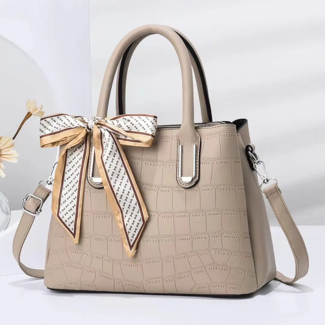 Crocodile Embossed PU Leather Handbag For Women With Decorative Satin Scarf Detachable Shoulder Strap Fashion Satchel Bag