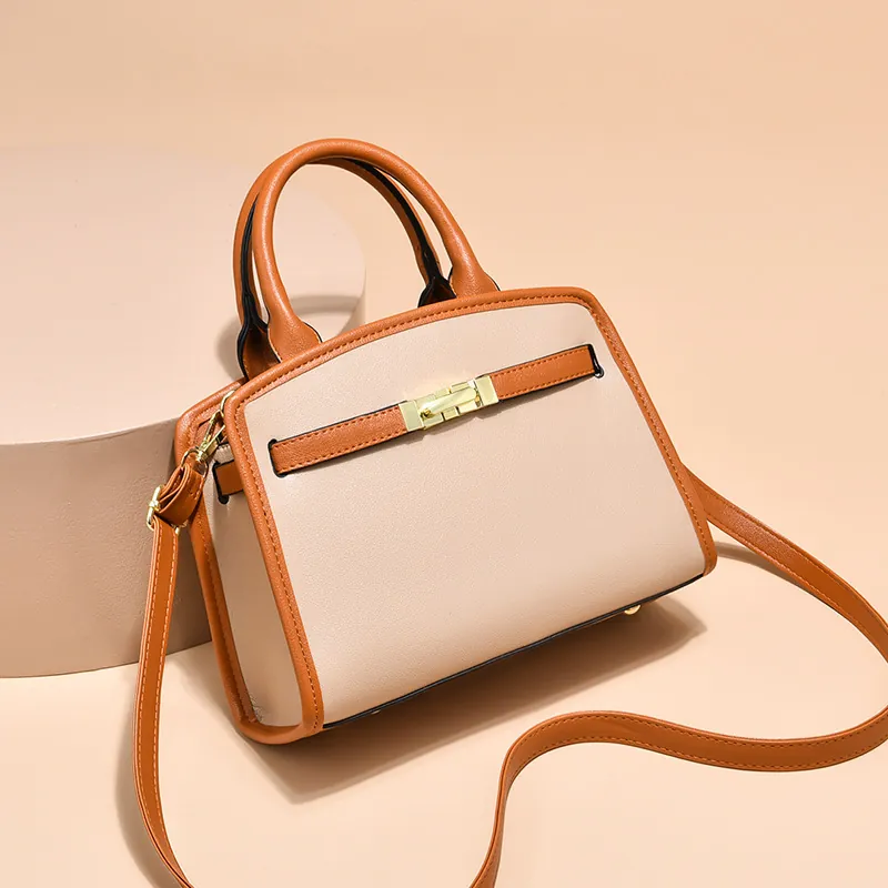 Borsa a Mano da Donna di Moda in Pelle PU con Blocco di Colore Borsa a Tracolla Grande Capacità Tote Con Chiusura in Metallo