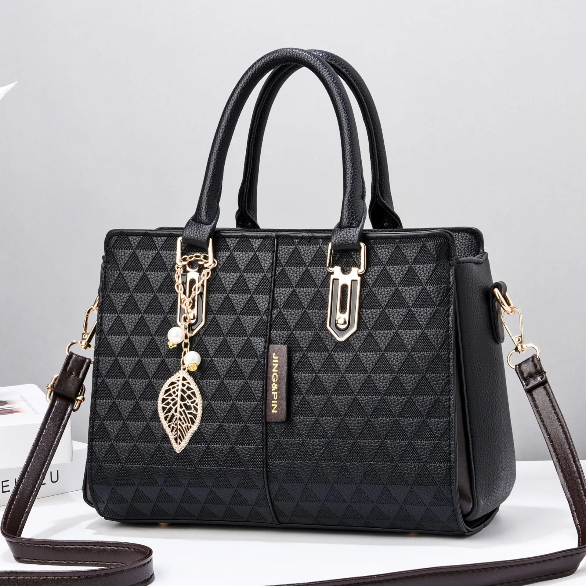Women's Geometric Embossed PU Leather Handbag With Metal Leaf Charm Elegant Shoulder Crossbody Bag Tote For Daily Office