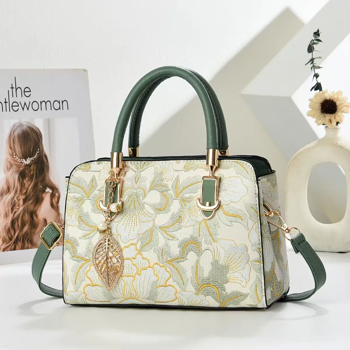 Vintage Floral Embroidery Handbag For Women PU Leather Crossbody Bag With Metal Leaf Artificial Pearl Pendant Elegant Shoulder Bag