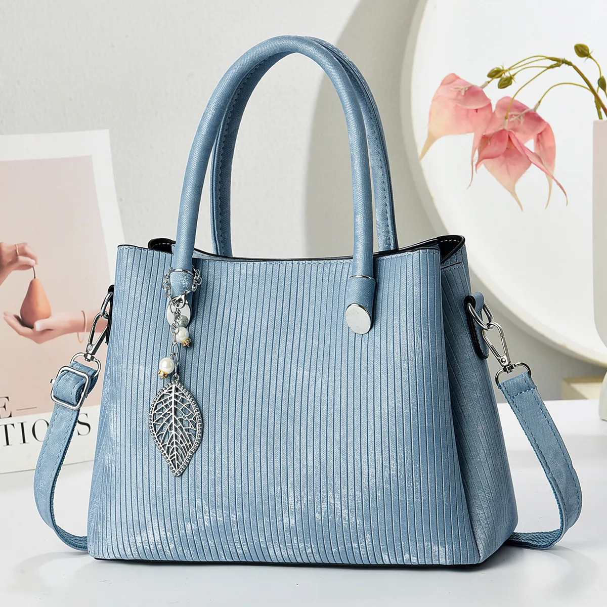Women Fashion Large Capacity Handbag Vertical Texture PU Leather Shoulder Bag With Leaf Pendant Artificial Pearl Accent Elegant Tote